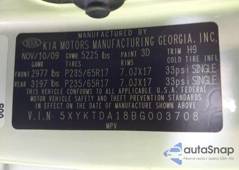 2011 Kia Sorento Lx z USA, uszkodzony, nr VIN 5XYKTDA18BG003708